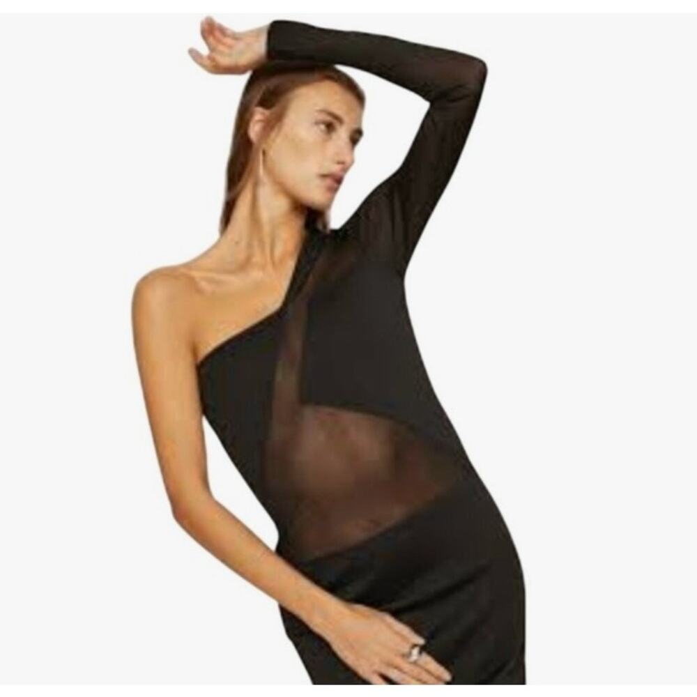 Sheer Black One Shoulder Mesh Bodycon Mini Dress Sculpted Club Baddie Edgy M EUC - Picture 3 of 10